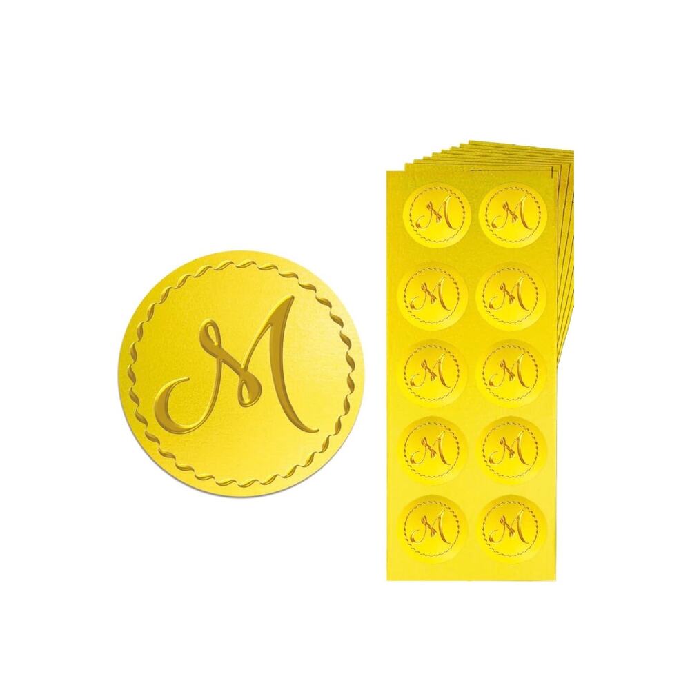 Gold Embossed Sticker Seal 1.4 Inch 150Pcs Letter M, Self Adhesive Golden